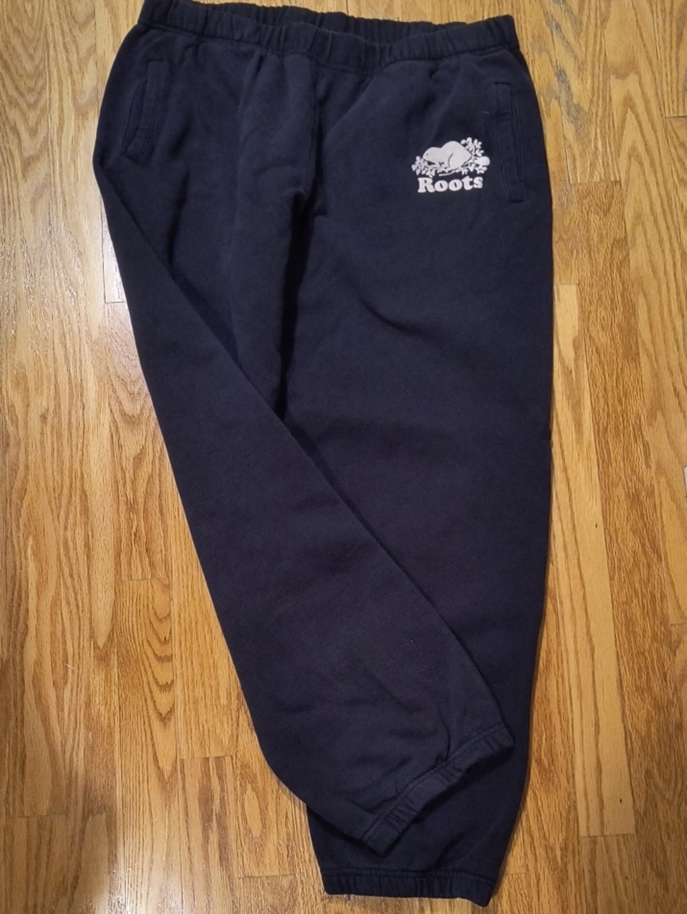 Roots Men's Black Sweatpants with Cream Logo
